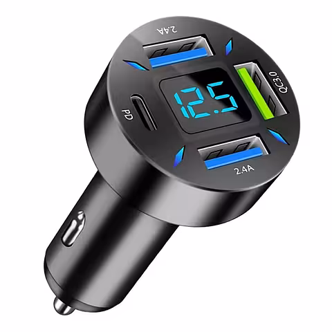 Автомобилно зарядно с дигитален волтметър, USB Type-C PD и Quick Charge 3.0 – бързо зареждане на запалка 12-24V