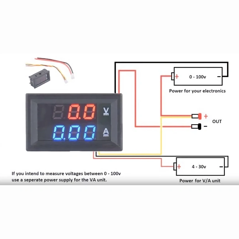 Схема за монтаж на волтметър и амперметър с отделно захранване 0–100V