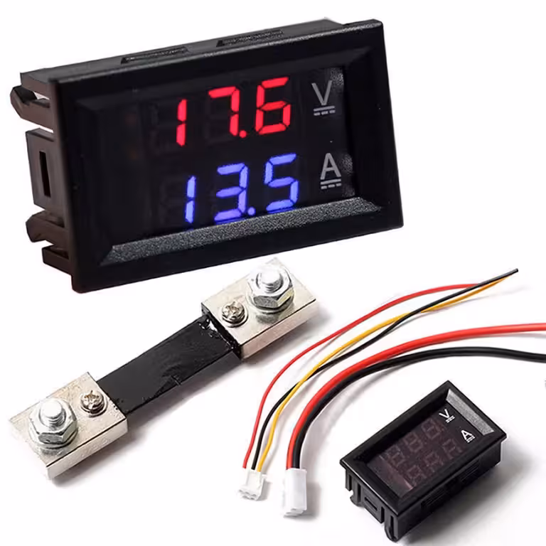Волтметър амперметър дигитален 0–100V 100A с включен шунт – LED панел дисплей постоянен ток авто