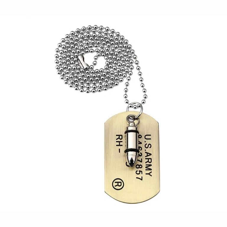 Дълъг ланец 70 см с висулка куршум и метална dog tag плочка