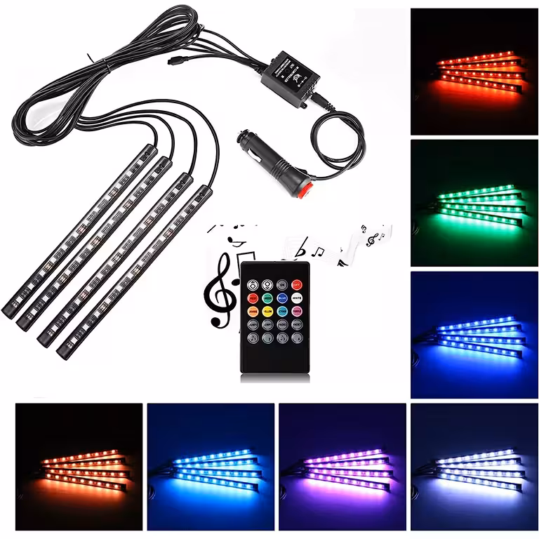 Амбиентни автомобилни светлини – LED RGB лента комплект за интериорно осветление с музикален сензор