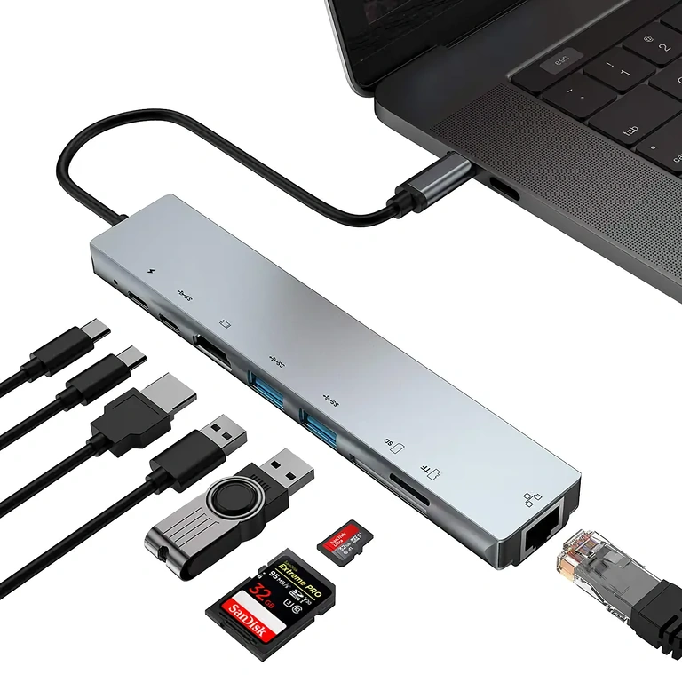 USB-C адаптер с HDMI, RJ45, USB и четец за карти за лаптопи
