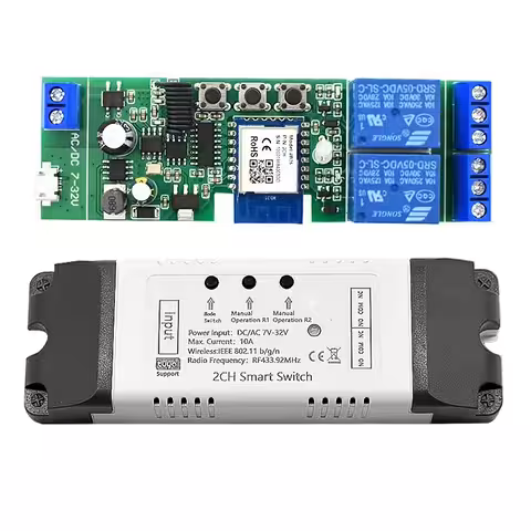 Интелигентен WiFi реле модул 2 канала 5V–24V съвместим Tuya Smart Life
