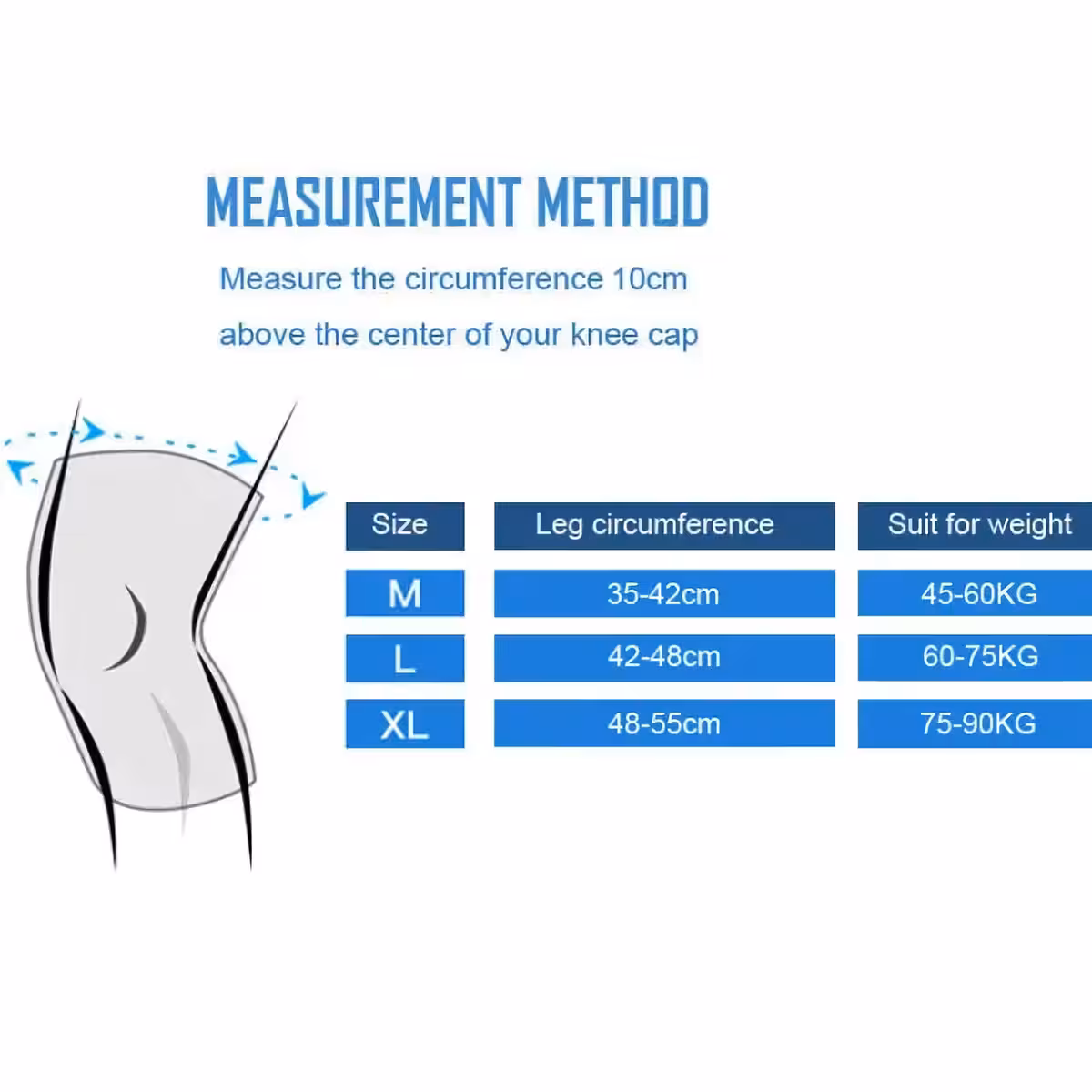 Наколенка налична в размери M, L и XL, подходяща за различни обиколки