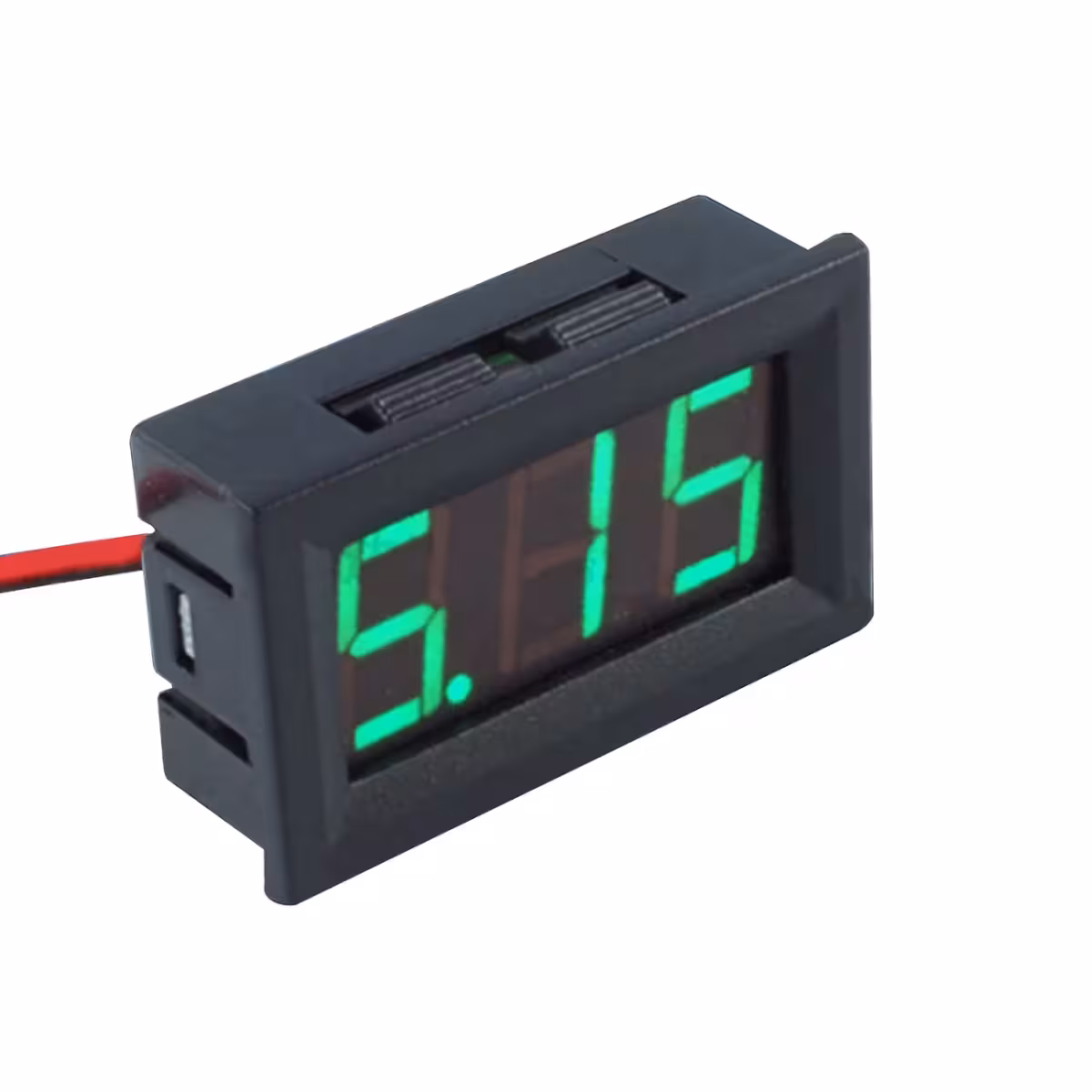 Детайлен изглед на гърба на цифровия панелен волтметър 5V-120V, с видими връзки и компоненти