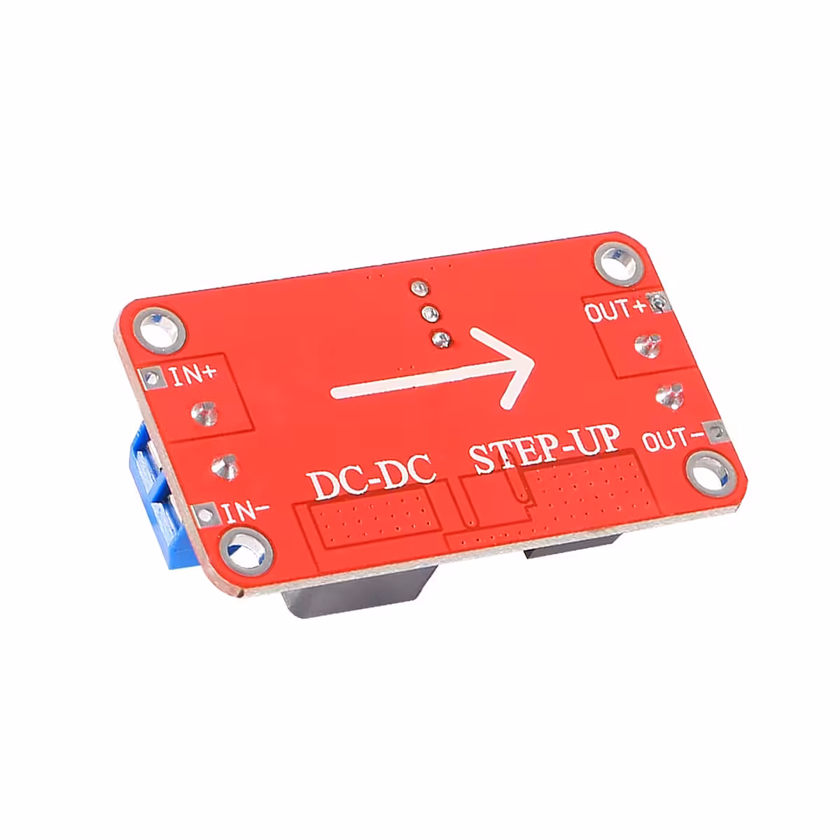 XL6019 DC-DC Boost Converter, видян отзад с видими входни и изходни връзки