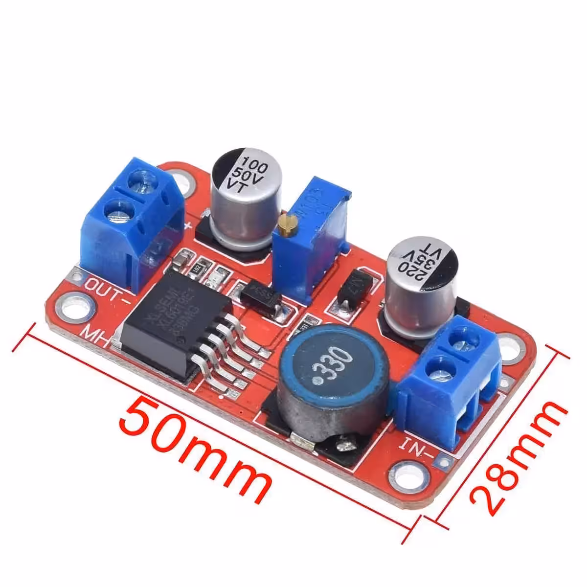 Размери на XL6019 DC-DC Boost Converter: 50 мм x 28 мм x 13 мм, перфектен за интегриране в различни проекти