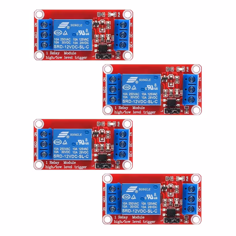 Комплект 4 бр.: Реле за Управление 5V / 12V с Оптопредавател – 1 Канален Модул, NC/NO, Висок/Нисък Тригър, 10A