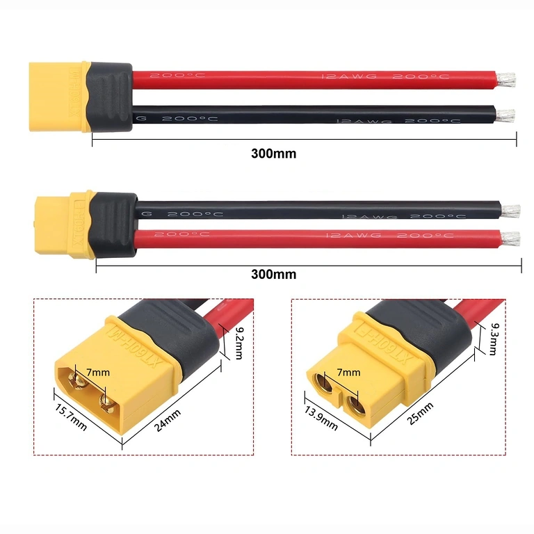 Техническа скица с размерите на XT60 конектор – женски и мъжки