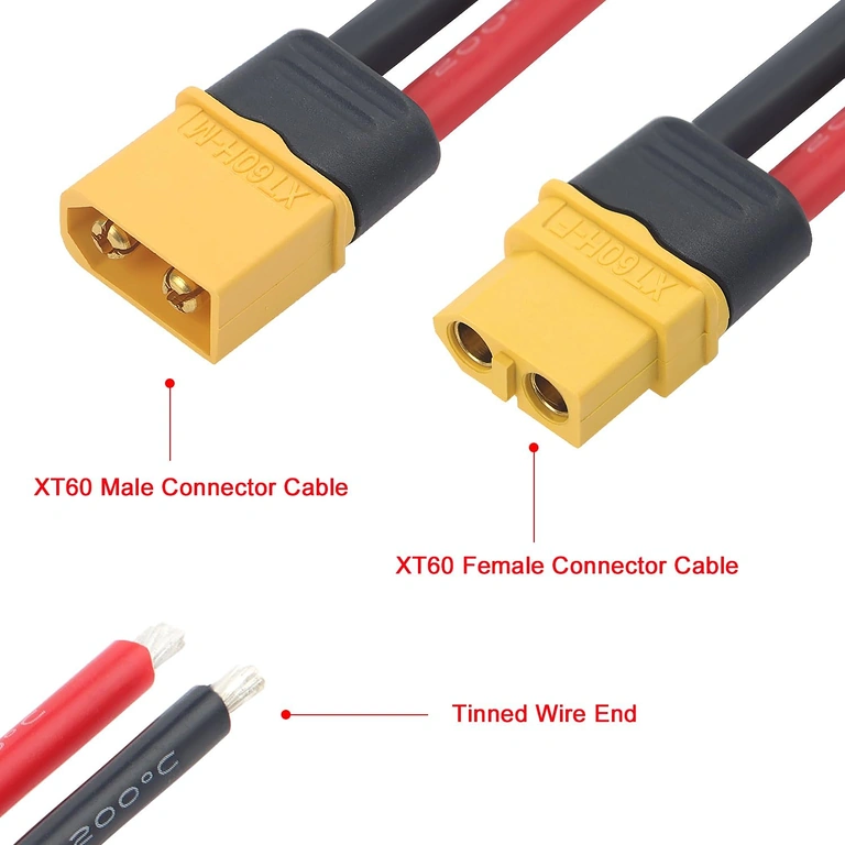 Горен изглед на двойката XT60 с дебел кабел 12AWG, ясен монтаж