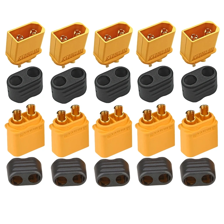 Горен изглед на комплекта от 5 конектора XT60H, показващ позлатените контакти